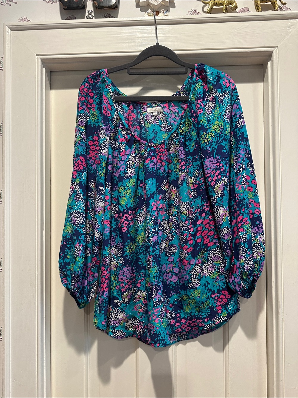 Shoshanna Teal Floral Peasant Blouse with Pink & Purple Accents